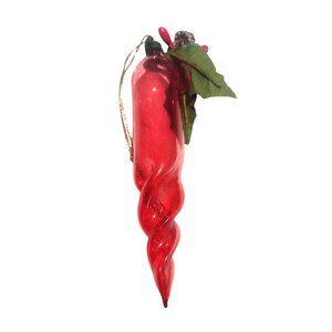 Blown Glass Chili Pepper Icicle Twist Ornament Decorative Leaves & Berries 5"